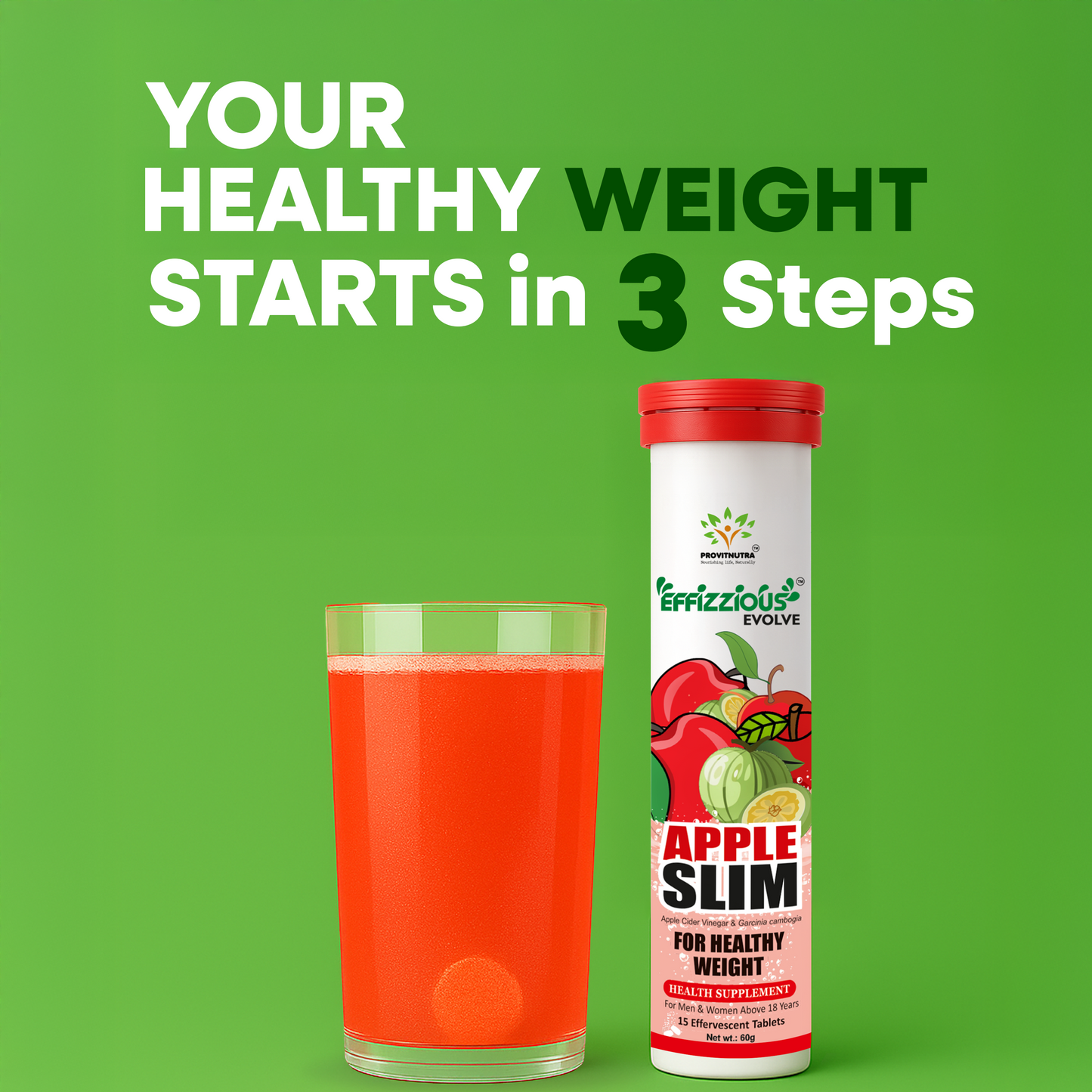 Apple Slim Effervescent Tablets - Apple Cider Vingar + Garcinia for Weight Management