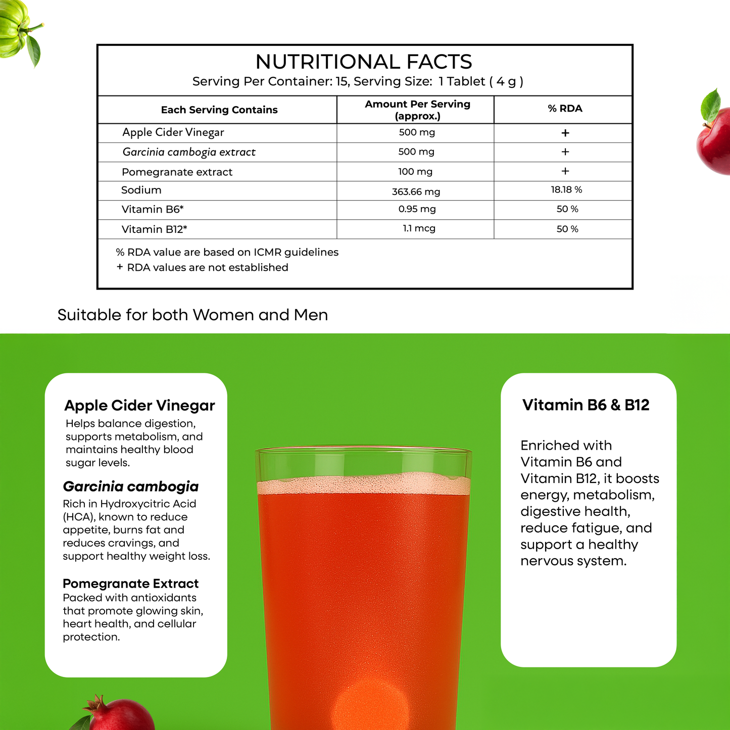 Apple Slim Effervescent Tablets - Apple Cider Vingar + Garcinia for Weight Management