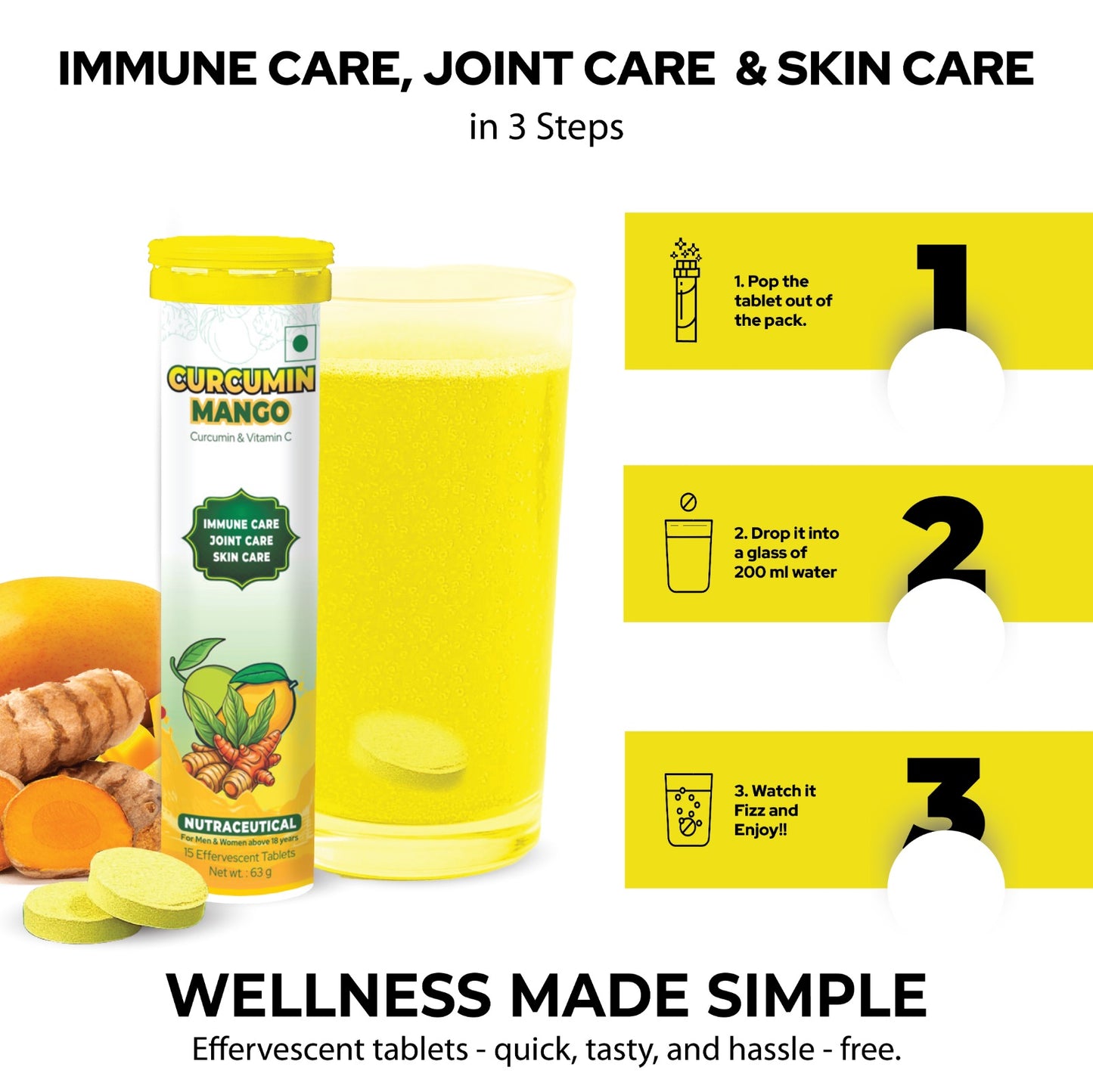 Curcumin Mango – Triple Action Immune, Joint & Skin Health Effervescent Tablets