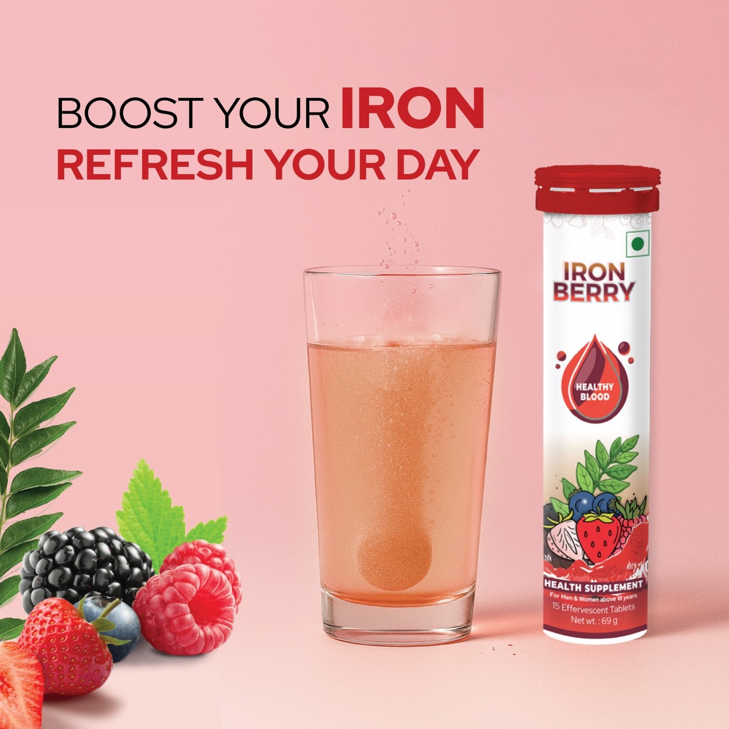 Iron Berry Effervescent Tablets – Plant-Based Iron + Vitamin C, B12 & Folic Acid for Energy & Haemoglobin Support