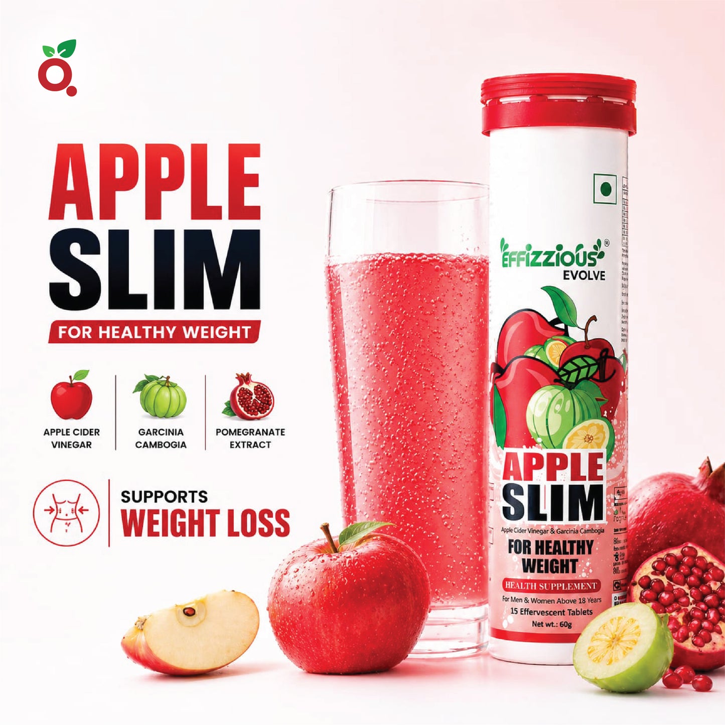 APPLE SLIM Effervescent Tablets : 3-in-1 Weight management drink with ACV + Garcinia + Pomegranate