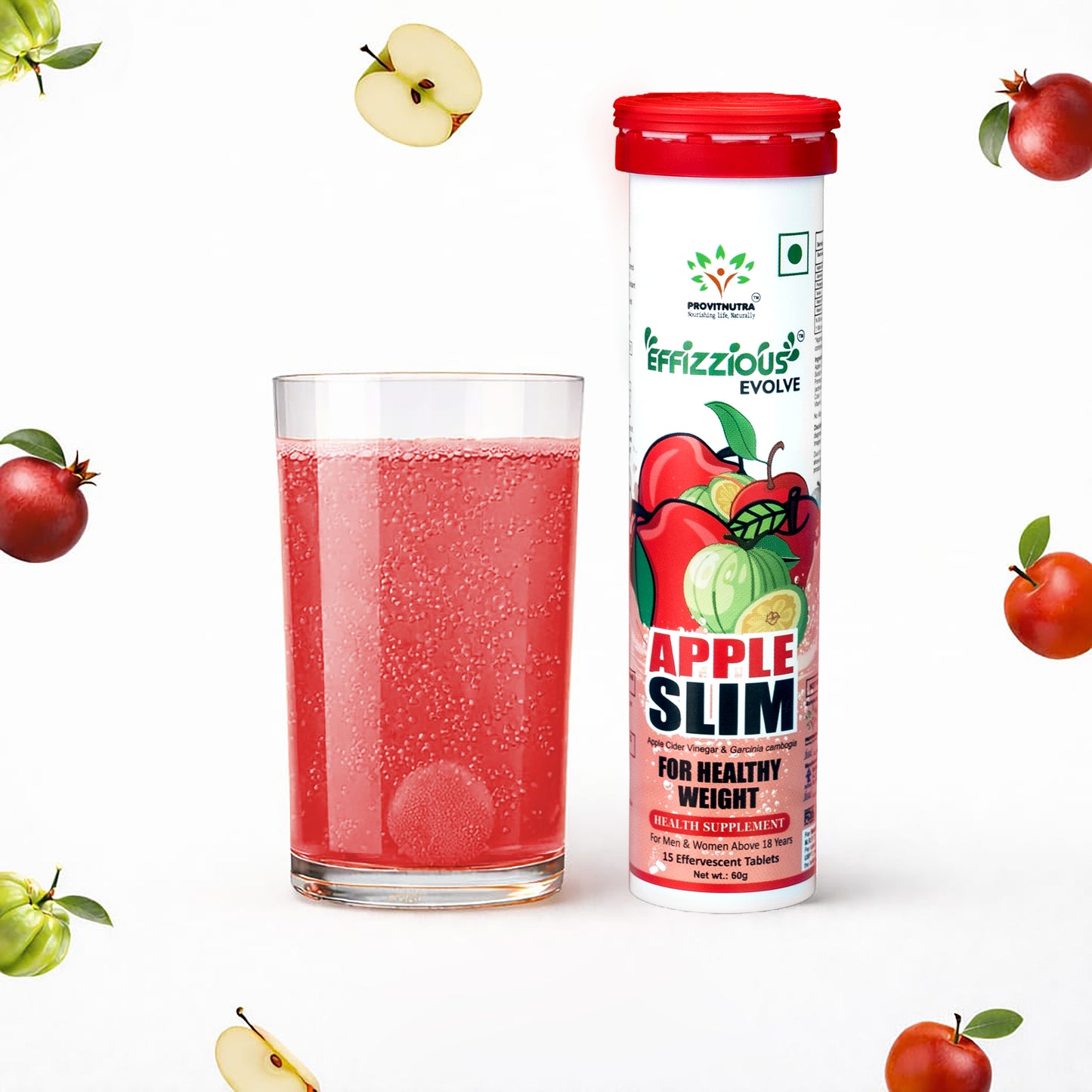 APPLE SLIM Effervescent Tablets : 3-in-1 Weight management drink with ACV + Garcinia + Pomegranate