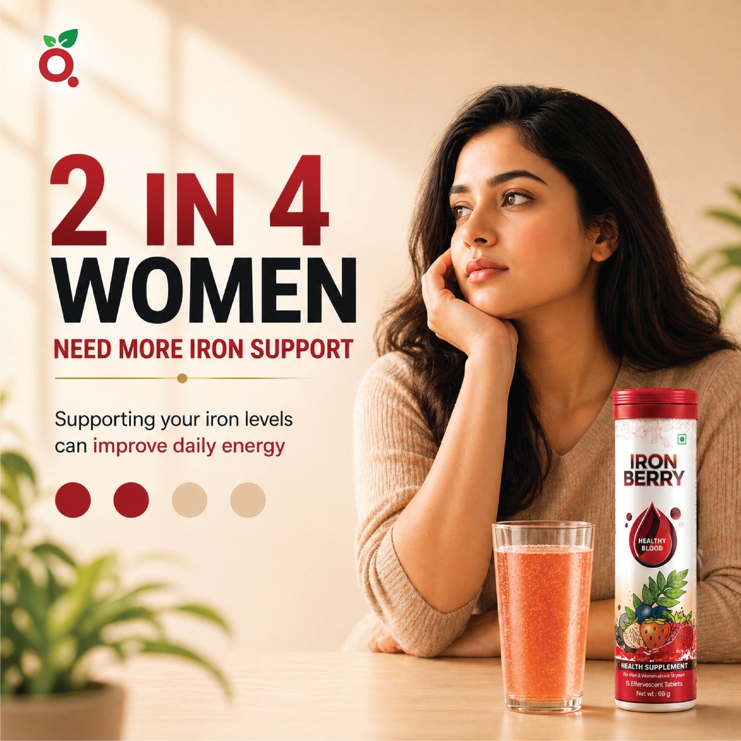 IRON BERRY Effervescent Tablets : Iron Bisglycinate + Curry Leaves Extract + B12 + Folic Acid