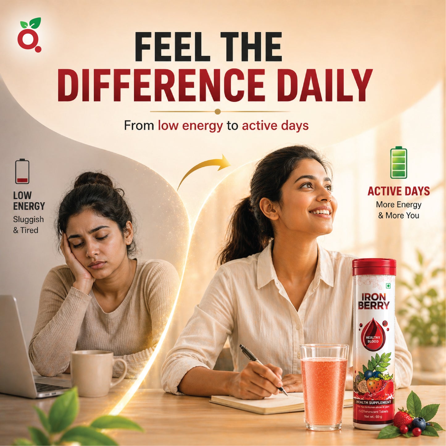 IRON BERRY Effervescent Tablets : Iron Bisglycinate + Curry Leaves Extract + B12 + Folic Acid