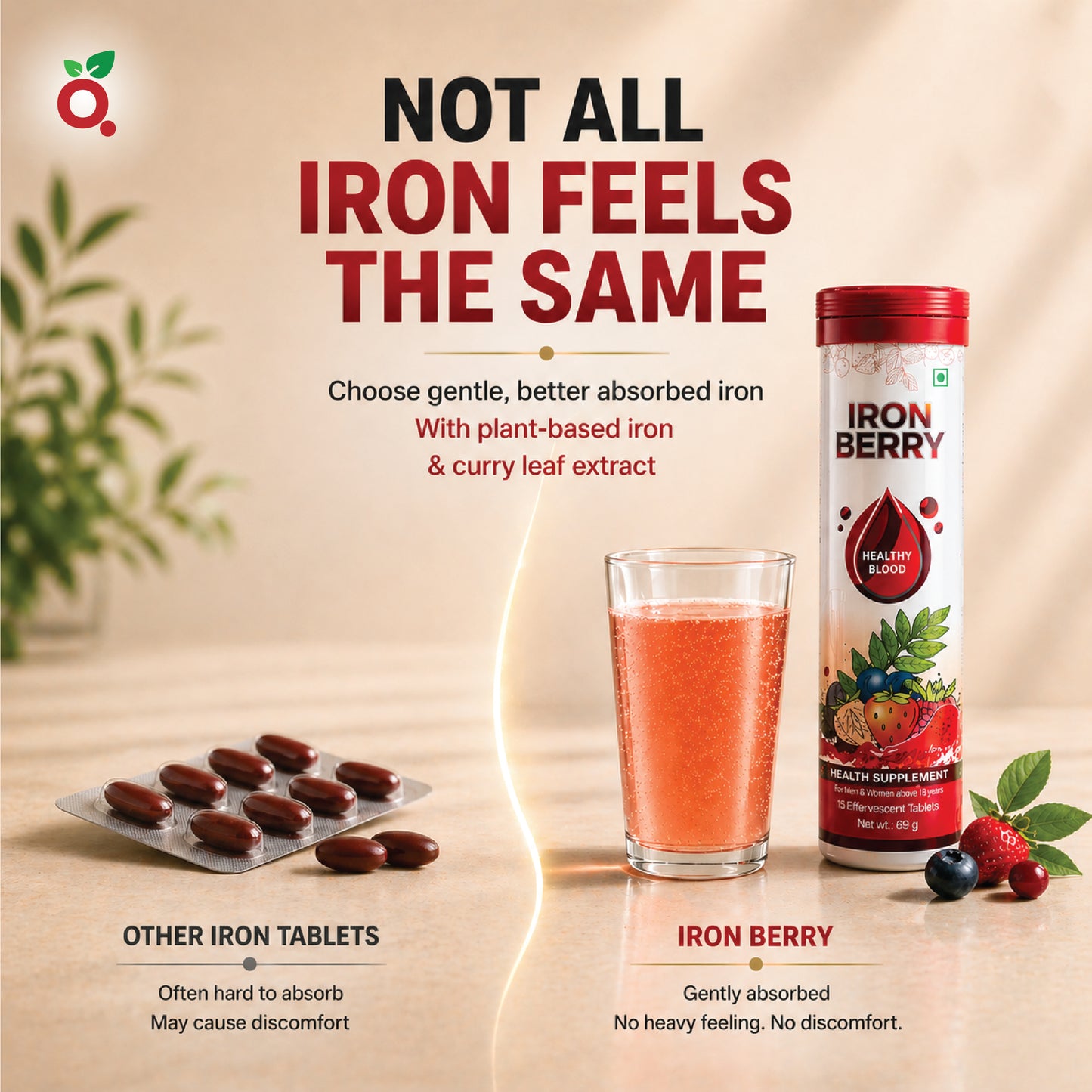 IRON BERRY Effervescent Tablets : Iron Bisglycinate + Curry Leaves Extract + B12 + Folic Acid