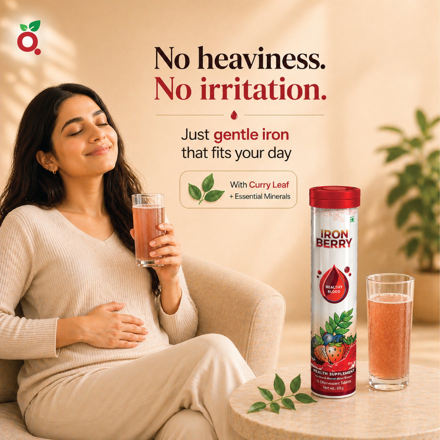 IRON BERRY Effervescent Tablets : Iron Bisglycinate + Curry Leaves Extract + B12 + Folic Acid