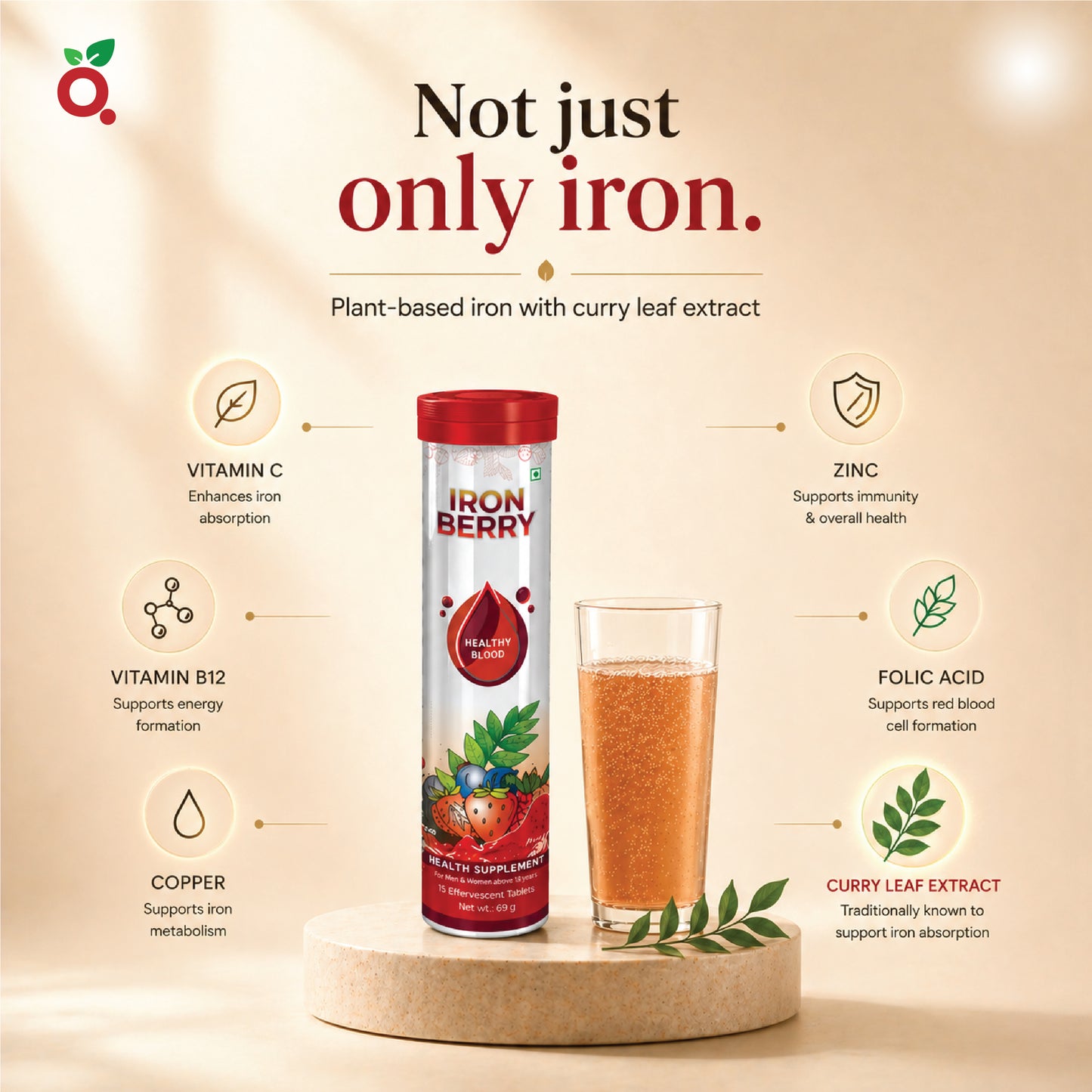 IRON BERRY Effervescent Tablets : Iron Bisglycinate + Curry Leaves Extract + B12 + Folic Acid