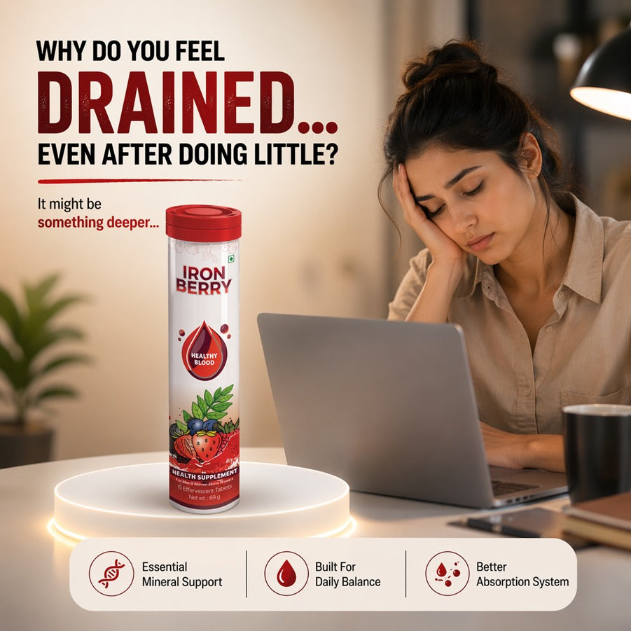 IRON BERRY Effervescent Tablets : Iron Bisglycinate + Curry Leaves Extract + B12 + Folic Acid