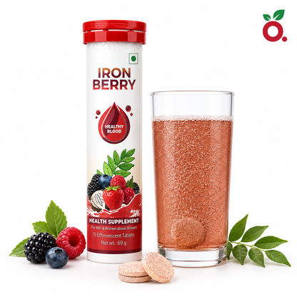IRON BERRY Effervescent Tablets : Iron Bisglycinate + Curry Leaves Extract + B12 + Folic Acid